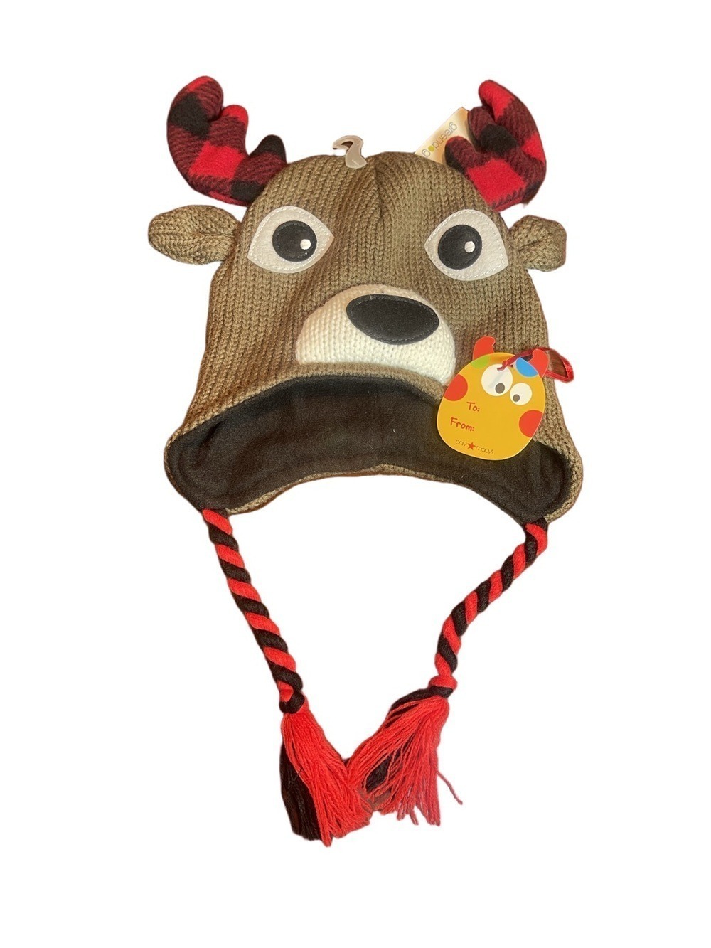 Greendog Novelty Hat Boys Girls  Reindeer Knit Earflap Hat Plaid Antlers Sz M/L
